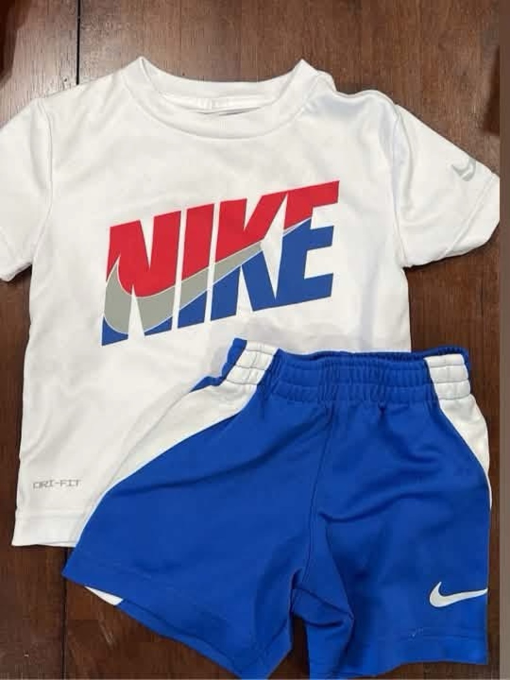 Nike White Tee with Red, Blue and Gray Logo + Blue Athletic Shorts